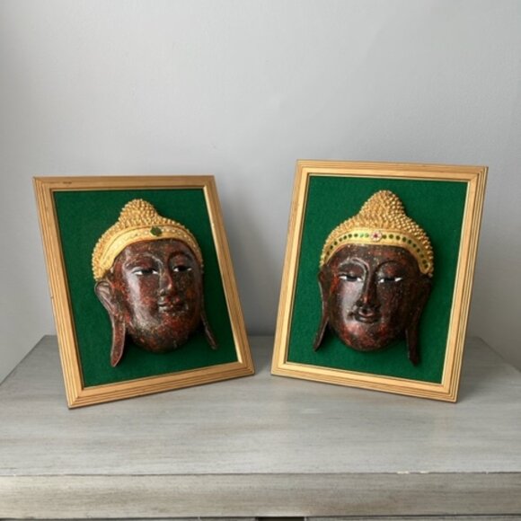 Set of Vintage Framed Hand Carved Wooden Buddha Faces 11-1/2
